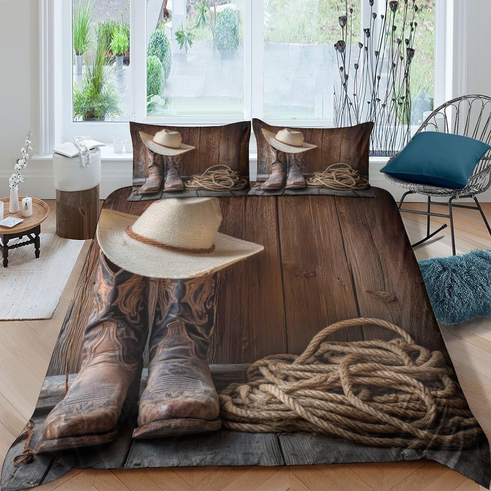 Ctjqhvkz Style-3 3D Printed Cowboy Boots Fitted Sheet Microfiber Bedroom Decor Western Hat Rope Mattress Cover Easy Care Single（135X200cm）