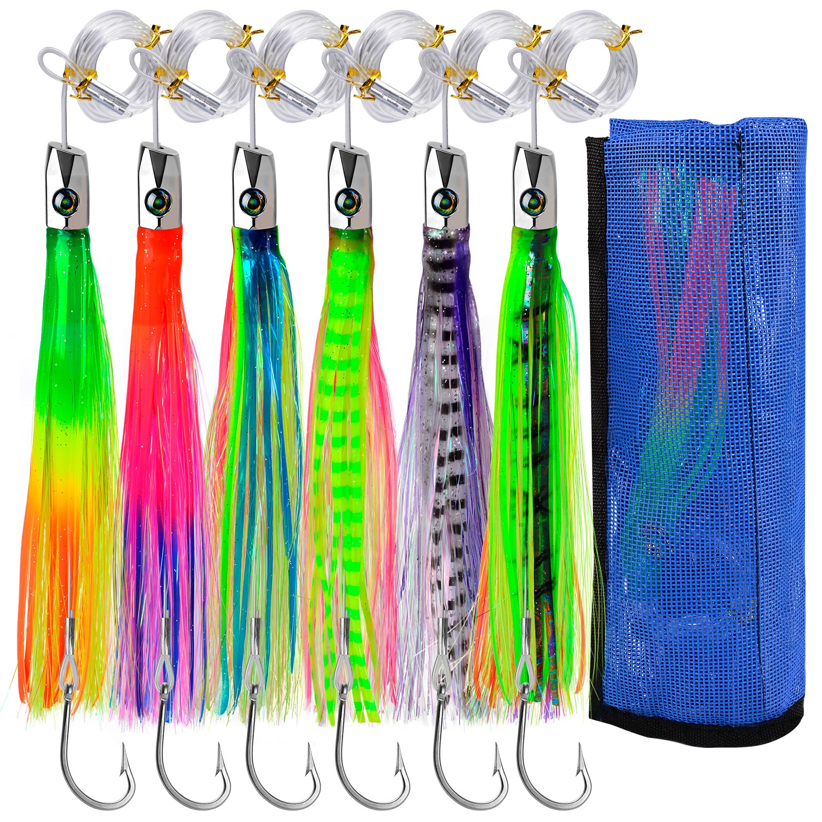 Angelköder für Tiefseefischen, Salzwasser, für Marlin, Thunfisch, Wahoo, Mahi, Delphin, 15,2–22,9 cm, 6-teiliges Köder-Set mit Netztasche