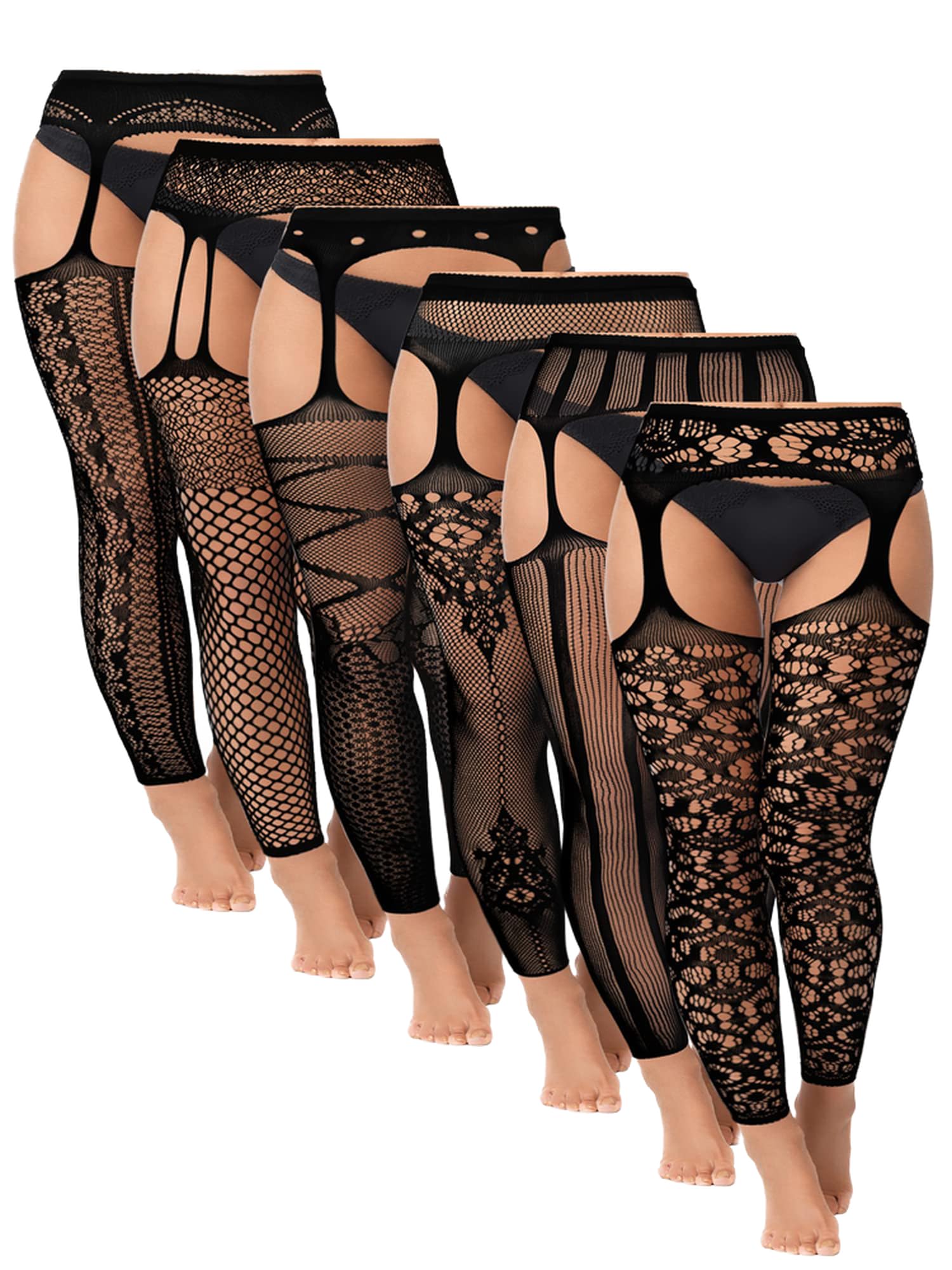 Skylety 6 Pairs Fishnet Stockings for Women Plus Size Thigh-high Tights Stockings Suspender Pantyhose Garter Belts(Medium-large,Simple Black)
