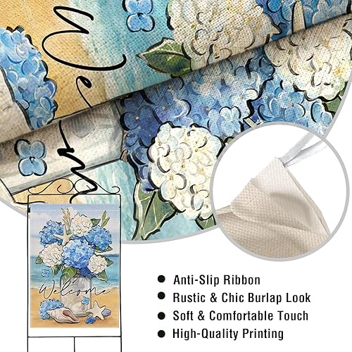 Miniatura 10 de Artofy Bandera decorativa pequeña de jardín con flores de primavera y verano, tarro de albañil floral de hortensias para playa, patio costero,