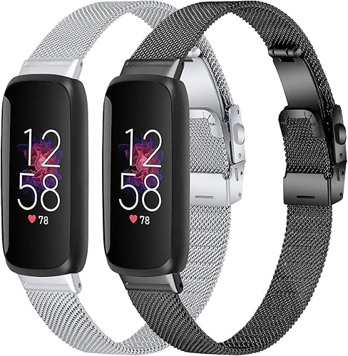 Miniatura 9 de FitTurn Paquete de 2 correas delgadas compatibles con Fitbit Inspire 3 SmartWatch, de malla de acero inoxidable ajustable, pulseras de reloj para