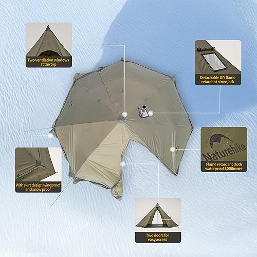 Miniatura 3 de Naturehike Tienda de campaña tipo tipi de fuego Ranch, tienda de campaña caliente de invierno para clima frío con gato de estufa, 4-6 personas,