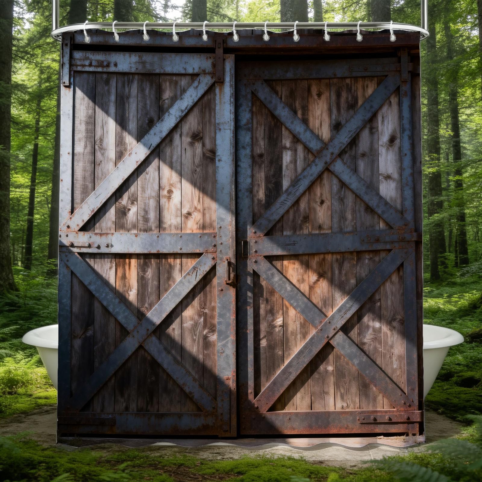 Hongduo White 3D Vintage Barn Door Shower Curtain For Stalls Bathtubs Rustic Wooden Board Bathroom Decor Shower Curtain Set Polyester Fabric Waterproof 180X180cm/71X71 Inch With Hooks