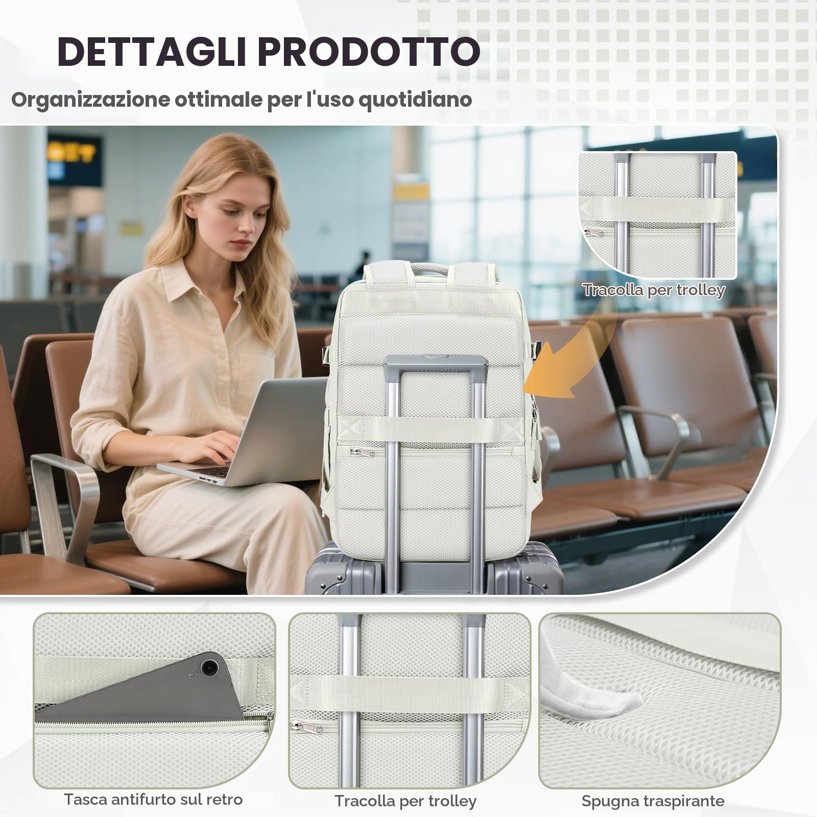 SEAFEW Borsa da Cabina per Ryanair 40x30x20 Zaino Sottovuoto da Viaggio con Pompa 40x20x25 Aereo Bagaglio a Mano Impermeabile Lavoro e Scuola Trekking Casual Daypack per 14" laptop,R2-Bianco