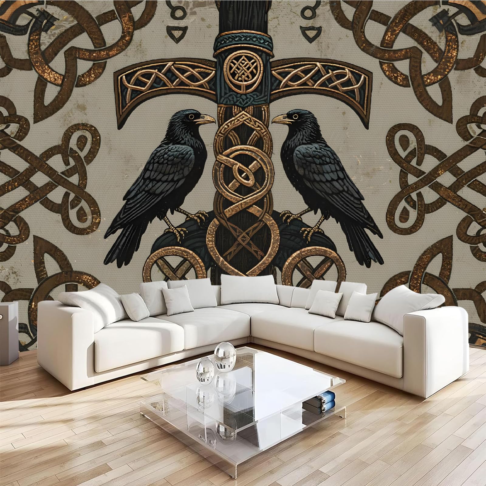 Papier peint panoramique rune du corbeau 300x230 cm pour salon et chambre