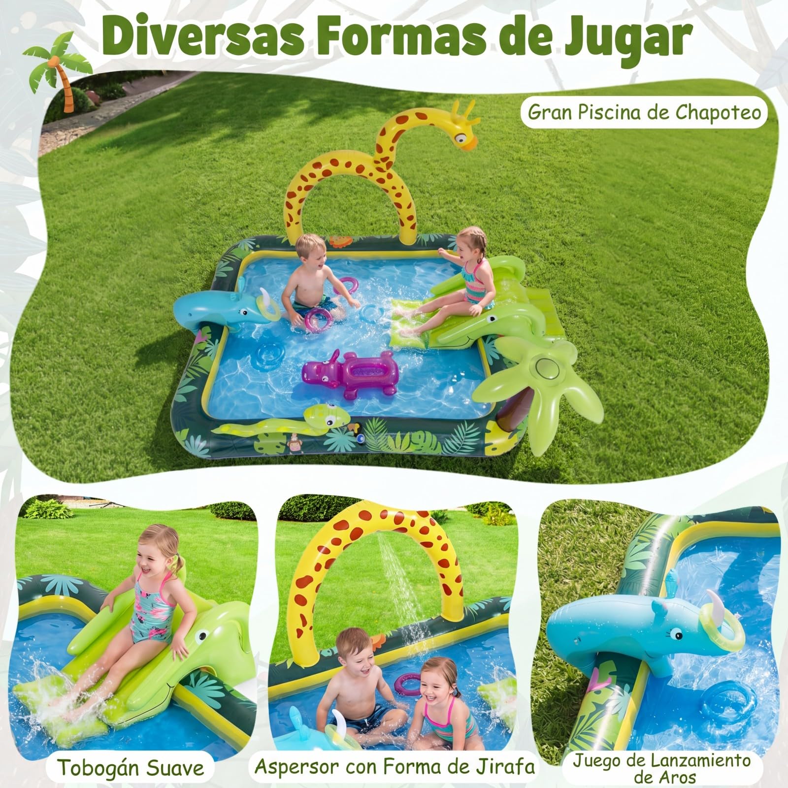 COSTWAY Piscina Hinchable Infantil con Tobogán, Rociador Jirafa y Lanzamiento Aros, 208x178x138 cm