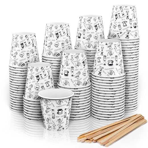 CupCup 140 Espresso Pappbecher 110 ml mit Rührstäben aus Holz für Kaffee zum Mitnehmen