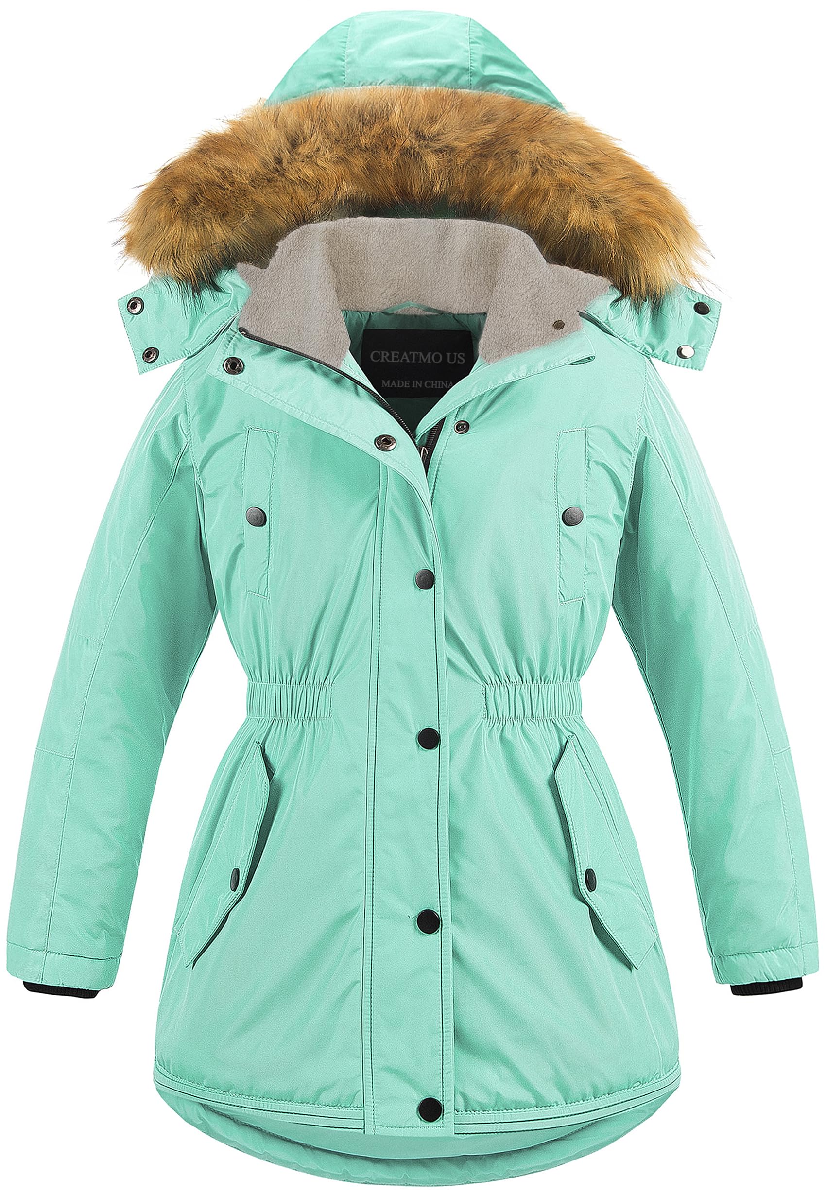 CREATMO US Girl's Long Winter Warm Parka Sherpa Trimmed Collar Puffer Ski Jacket Coat