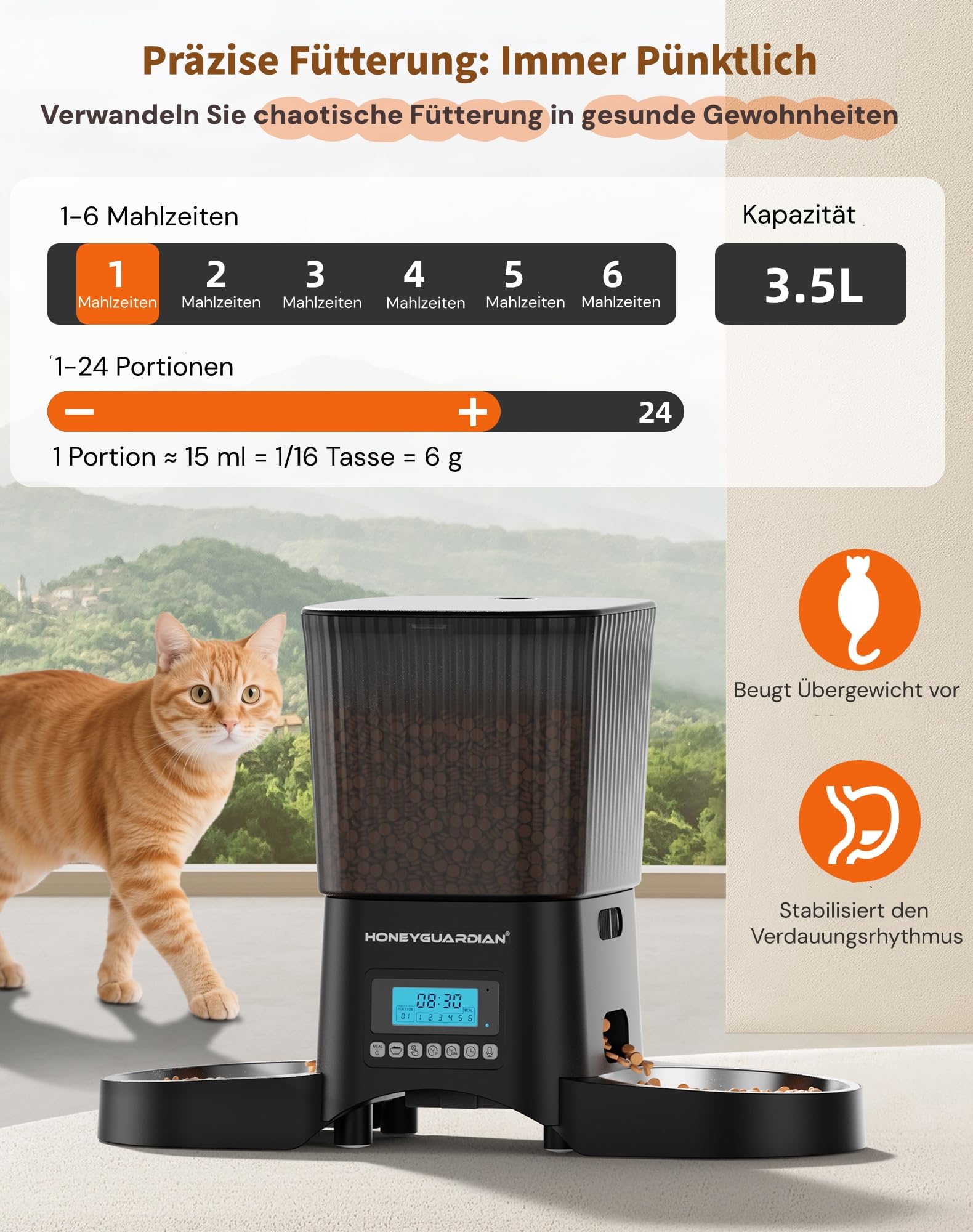 HoneyGuaridan Futterautomat Katze 2 Näpfe, Futterspender für 2 Katzen, Katzenfutter Automat mit 304 Edelstahlnapf, 3.5L Trockenfutter Automat für Katzen, 1-6 Mahlzeiten/Tag, Dual-Stromversorgung