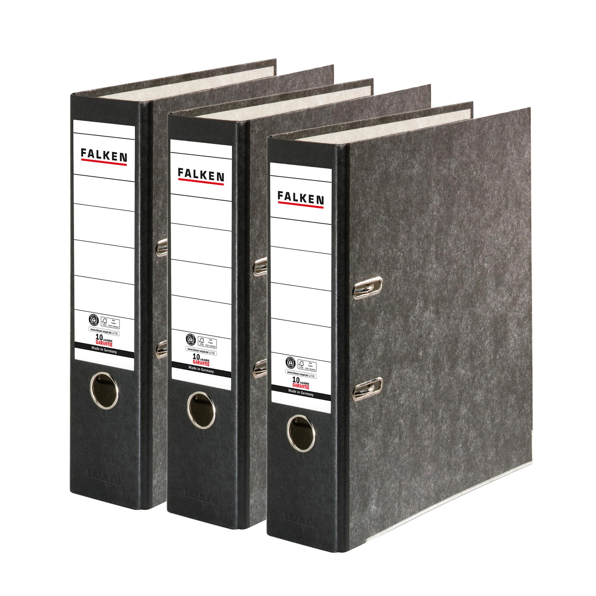 Original Falken 3er Pack Recycling-Ordner Wolkenmarmor. Made in Germany. 8 cm breit DIN A4 schwarzer Rücken Ringordner Aktenordner Briefordner Büroordner Pappordner CO2-Neutral Blauer Engel