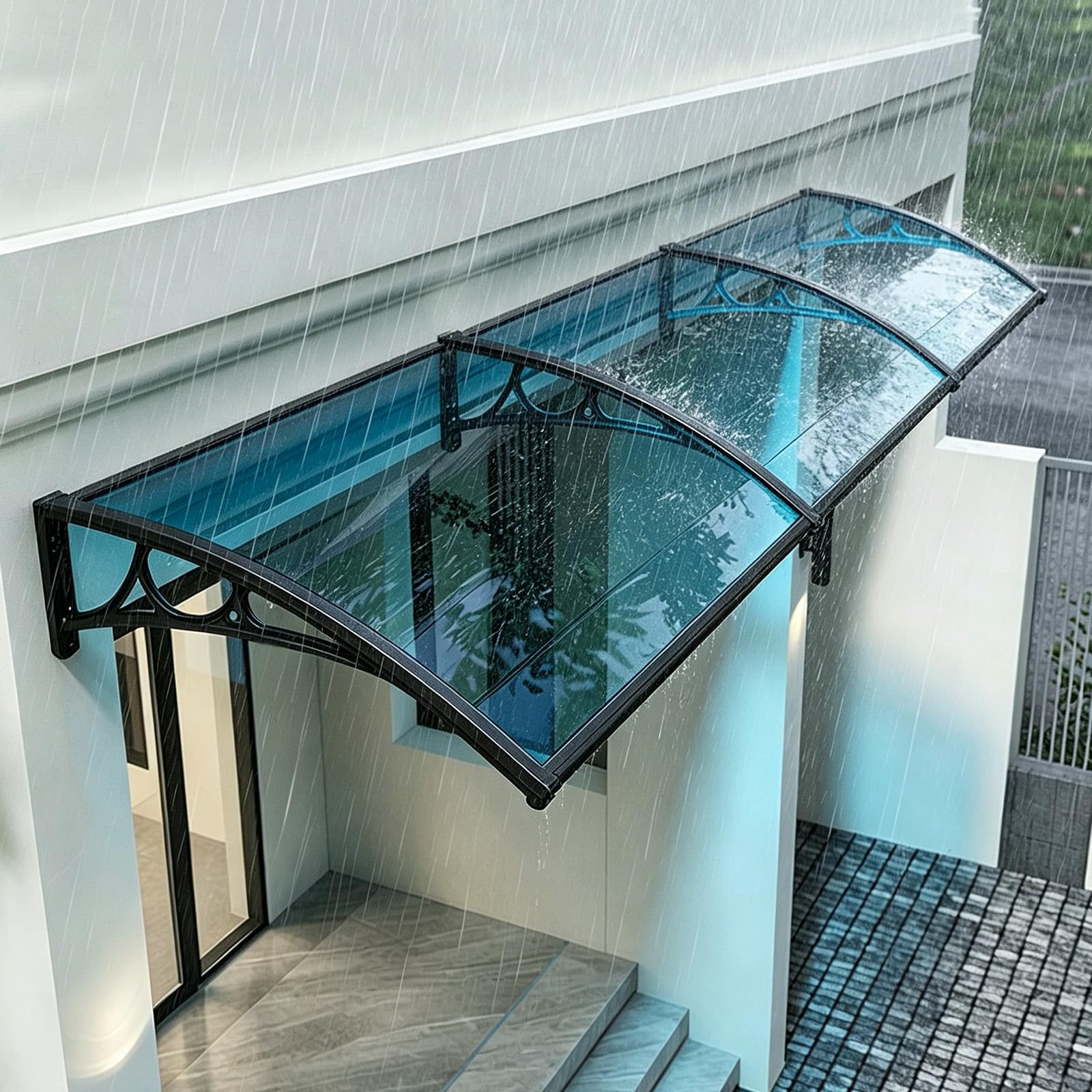 Curved Window Door Canopy,rain protection Awning for balcony,Polycarbonate Window Awning,UV Rain Snow Protection Shelter,DIY Modern Design Fixed Awning(Blue-60×100cm)
