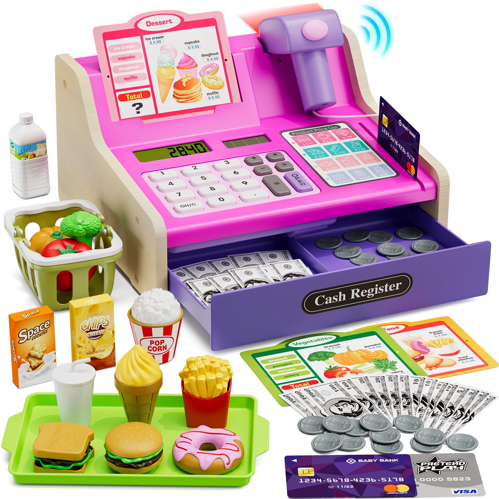 HYES Wooden Cash Register for Kids with Scanner, Calculator Till Toy for Toddlers, Pretend Play Toy with Toys Money/Coins/Credit Card/Shopping Basket/Pretend Food, Gift for Boys Girls Ages 4-8, Pink