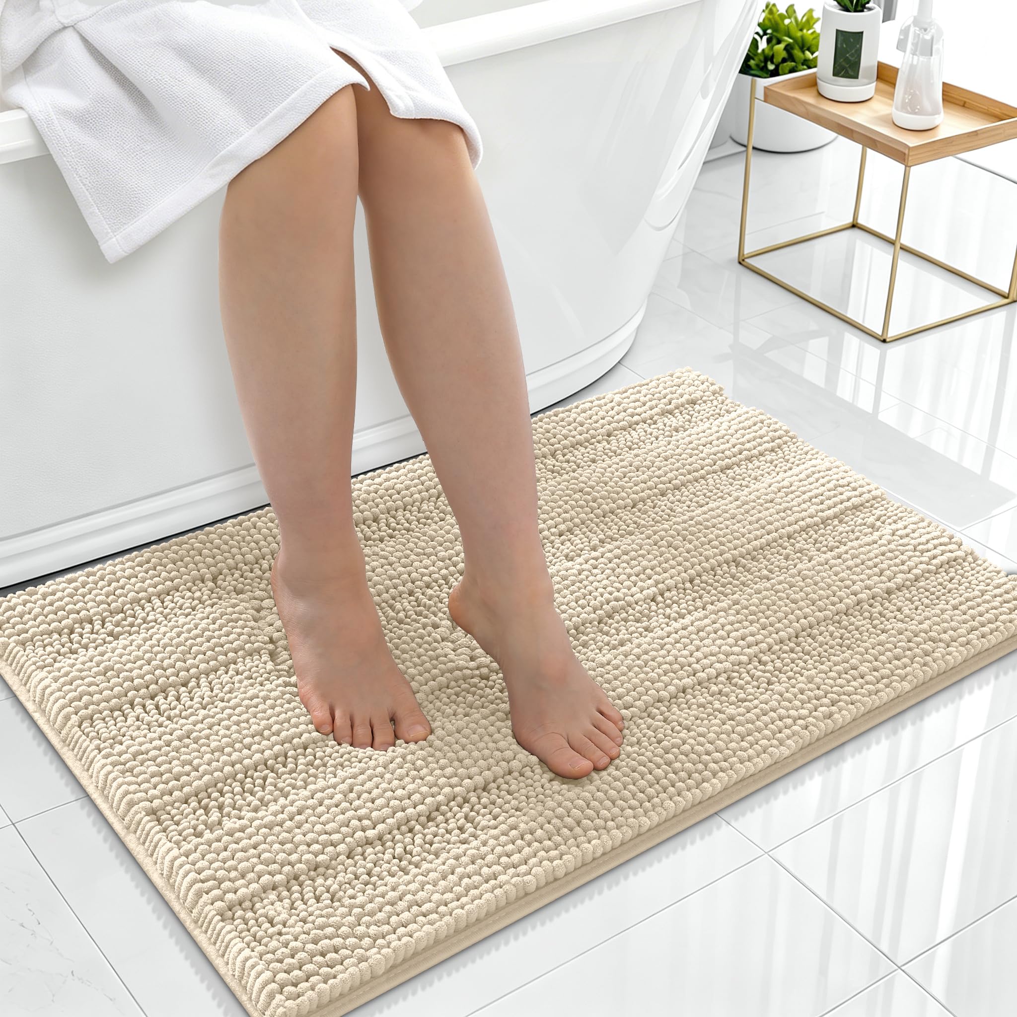 Smiry Thick Chenille Bathroom Rugs 36x24, Soft Absorbent Bath Mat, Sand