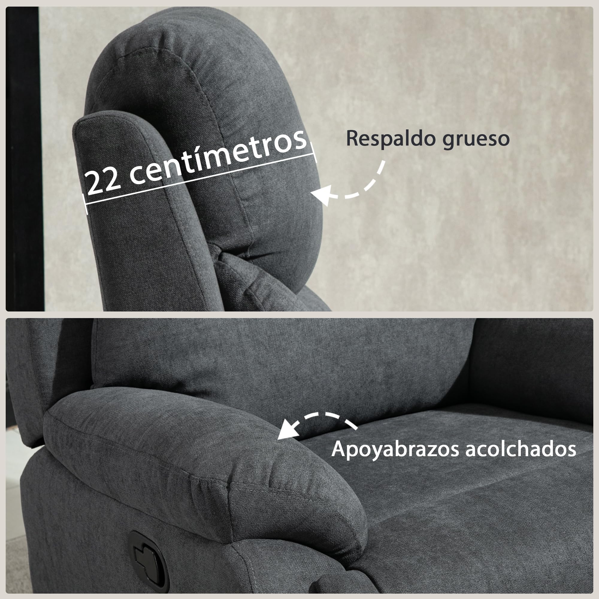 HOMCOM Sillón Reclinable de Salón Sillón Relax Reclinable Manual con Reposabrazos y Reposapiés Carga 150 kg Sofá Relax para Salón Dormitorio Gris