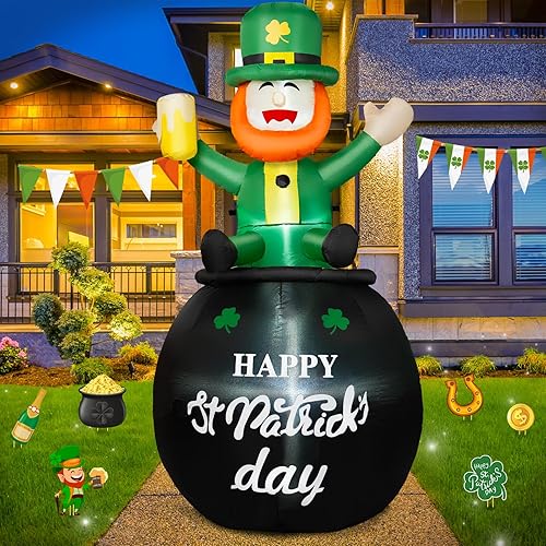 B&D Decoraciones inflables de 6 pies para el día de San Patricio, duende inflable que sostiene una taza de cerveza sentada en una olla de oro con