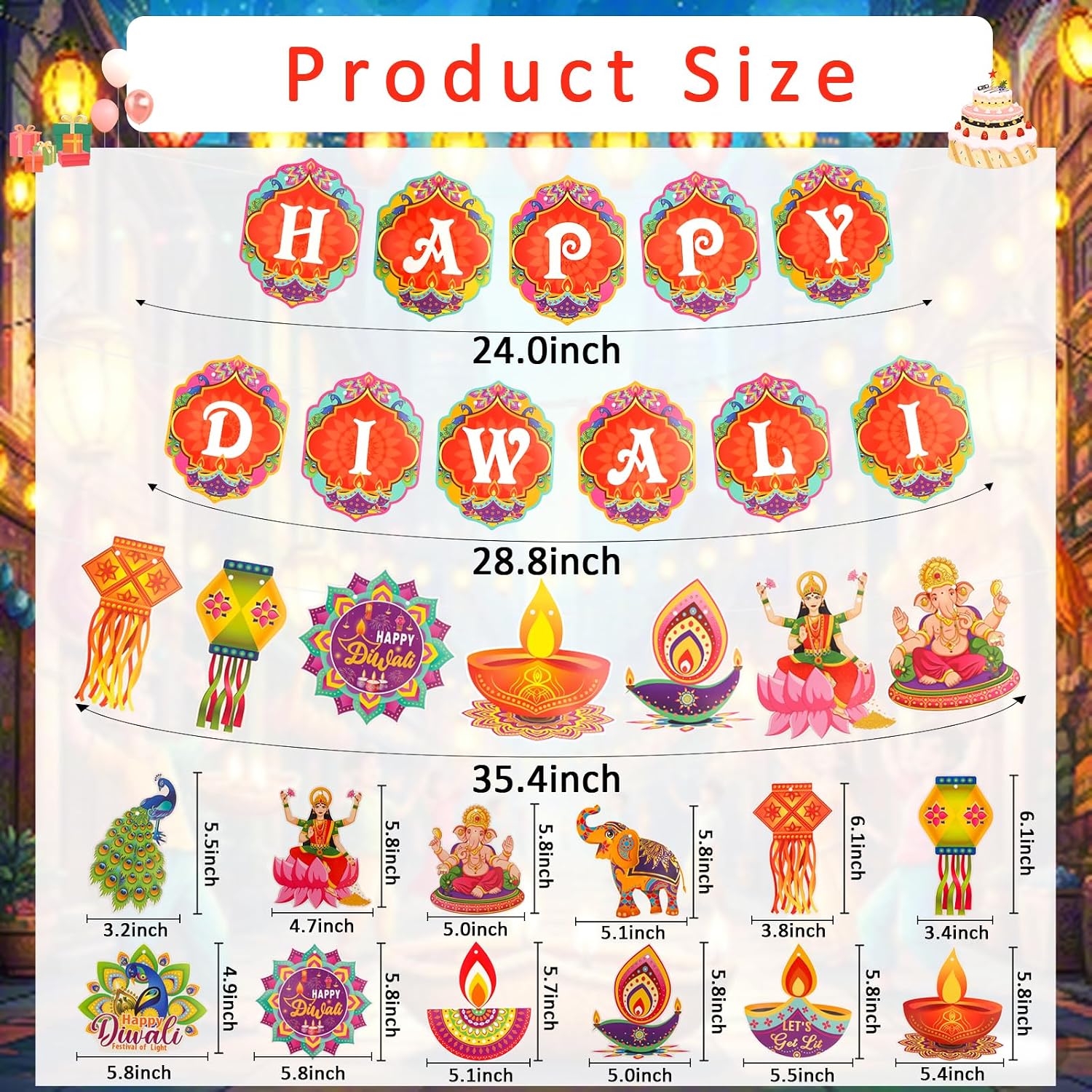 14pcs Happy Diwali Party Decorations Set - Happy Diwali Banner, Lantern Festival Pattern Hanging Swirls Streamers
