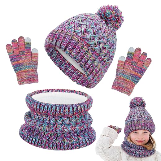 Ensemble bonnet,écharpe et gants d'hiver pour enfants,3 pièces,tricoté chaud,écharpe épaisse et moelleuse,chapeau à pompon,gants à deux doigts pour écran tactile,pour garçons et filles de 2 à 8