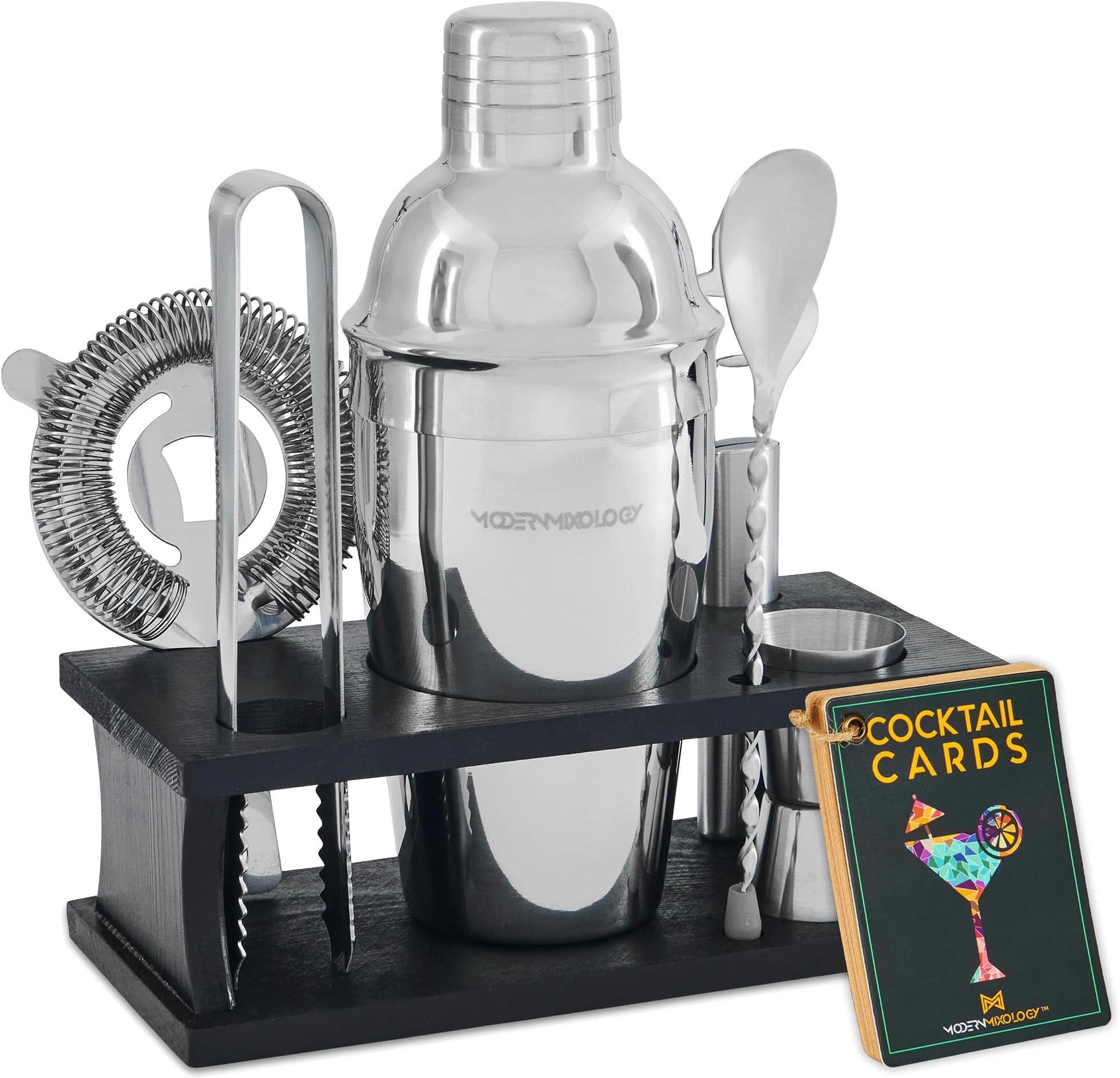 Modern Mixology Cocktail Shaker Set - Bartender Kit with Pine Stand | Leak-Proof Design | Includes Martini Shaker, Jigger, Strainer, Spoon, Tongs | Perfect Bar Tools Gift for Home Mixology (Silver)