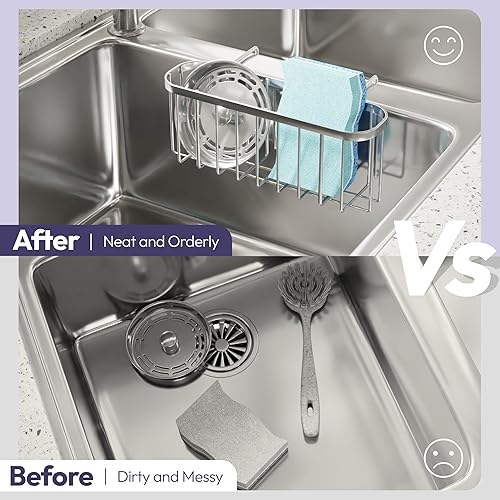 Miniatura 3 de SWTYMIKI Soporte de esponja para fregadero de cocina, organizador de fregadero de cocina movible con tamaño compacto, resistente al óxido e