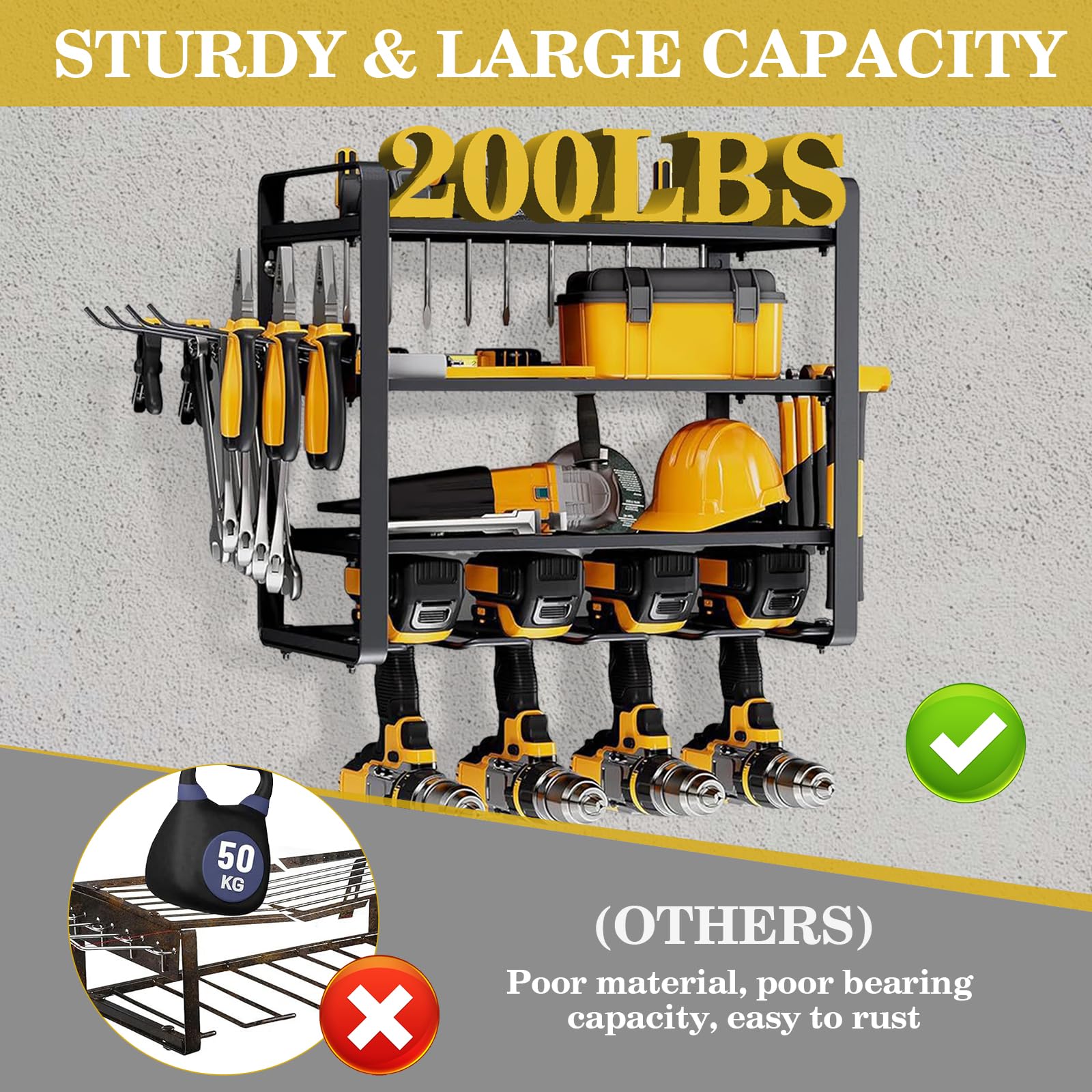 Soporte de pared para herramientas eléctricas de alta resistencia – Estante de almacenamiento de herramientas de capacidad de 200 libras con 4 soportes para taladros, ideal para taller, cobertizo