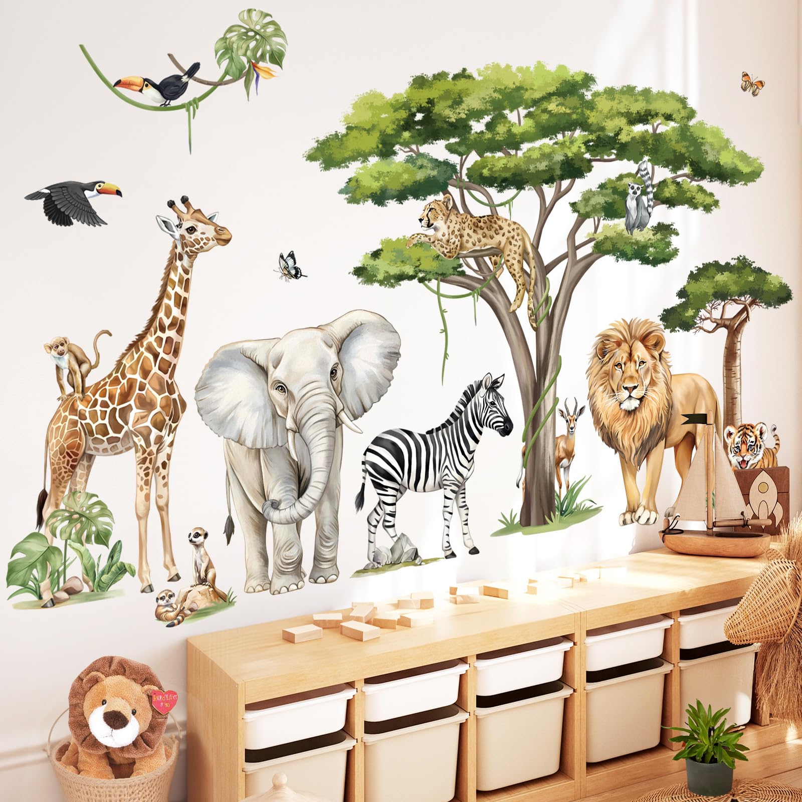 9 Adesivi Da Parete Animali Della Giungla In Stile Acquerello Con Frasi Ispiratrici, Rimovibili E Sicuri Per Cameretta Bambini