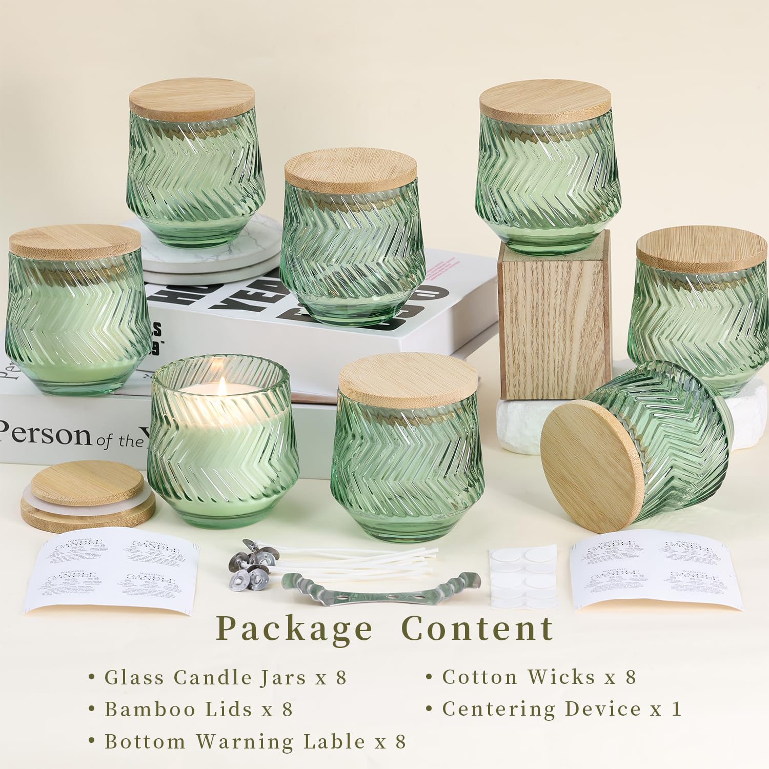 LAMORGIFT 8 barattoli per candele verde chiaro da 198,4 g, per realizzare candele, barattoli di vetro unici a coste, barattoli di vetro con coperchio in bambù ed etichette per la produzione di candele