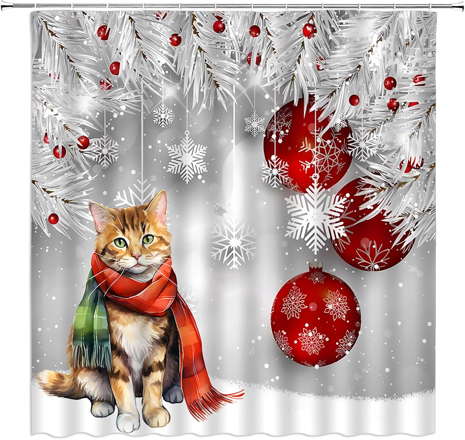 Christmas Shower Curtain Cute Cat Red Xmas Ball Twigs White Snowflake