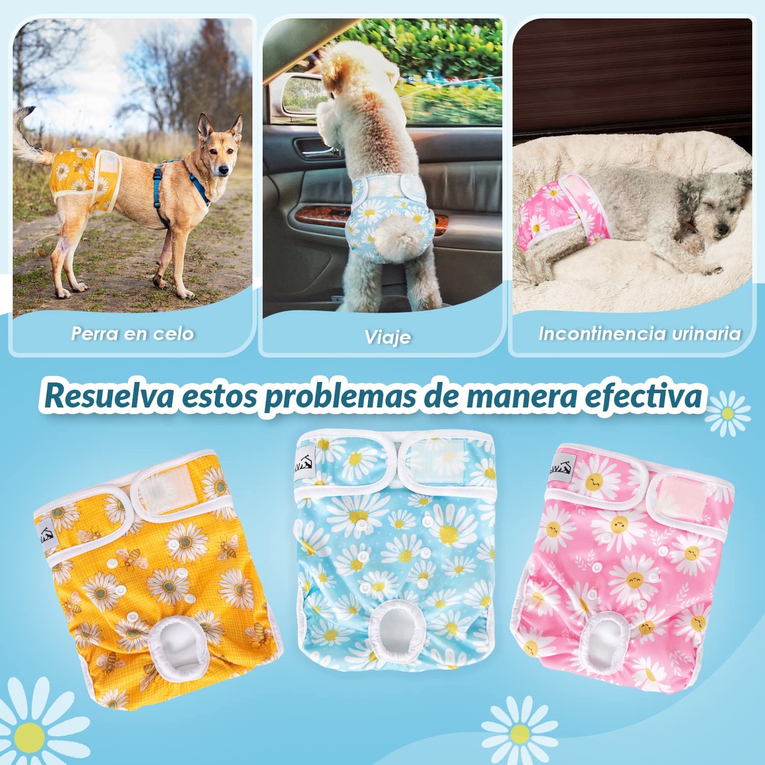 SlowTon Lava pañales para Perros, 3r Pack Pantalones para Perros fáciles de Quitar con Botones Ajustables, pañales para Perras Reutilizables Durante El Calor, inmersión emocionante