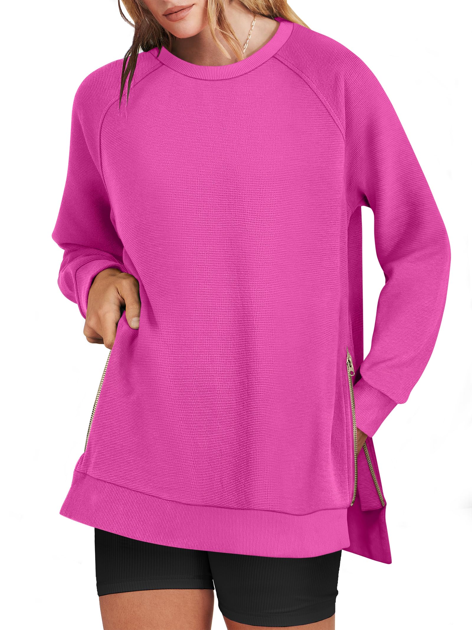Women's Oversized Sweatshirts Crewneck Long Sleeve Tunic Pullover Shirts Side Zipper Hoodies 2026 Spring Clothes