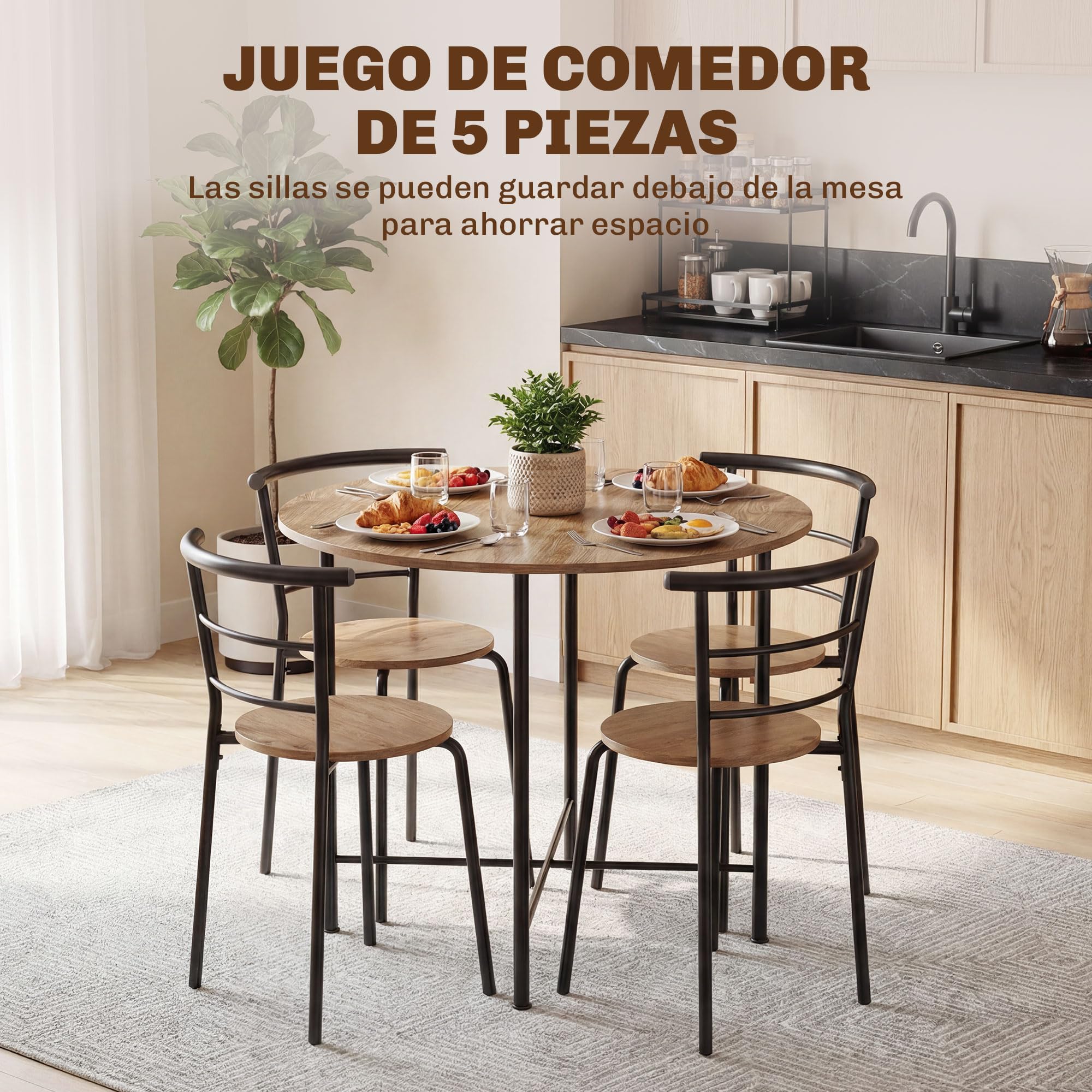 HOMCOM Juego de Mesa y Sillas de Comedor Compact 4 Sillas Ø85x76 cm Natural | Estilo Industrial, Mesa de Cocina Redonda, Marco Metálico, para Salón y Espacios Pequeños