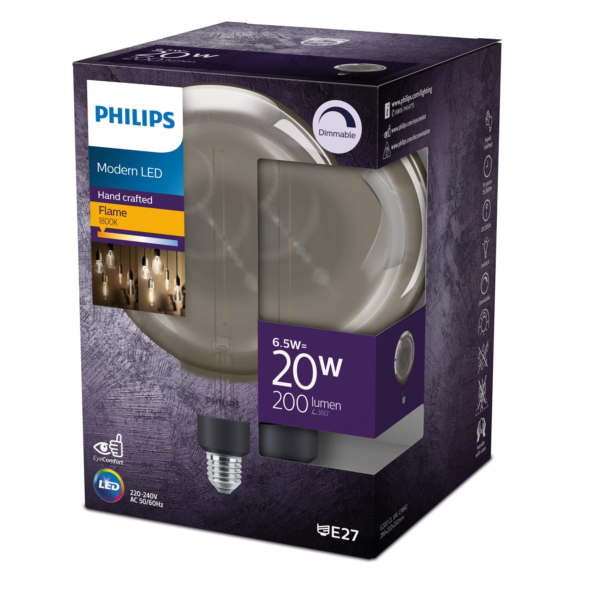 Philips LED Classic E27 Giant Smoky Lamp, 25 W, Vintage Industrial Decorative Lamp, XL Globe Shape, Dimmable, Flame