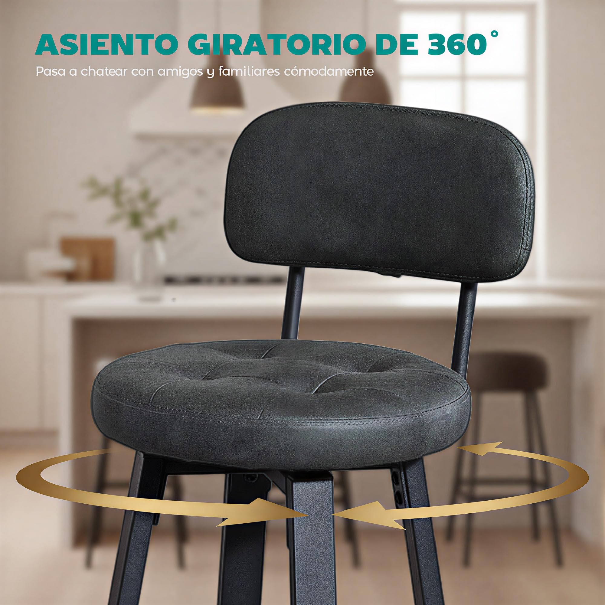 HOMCOM Juego de 2 Taburetes de Bar con Respaldo Tapizados PU Gris Oscuro | Taburetes Altos de Cocina Giratorios, Marco de Metal, Reposapiés, Asiento de 76,5 cm de Altura