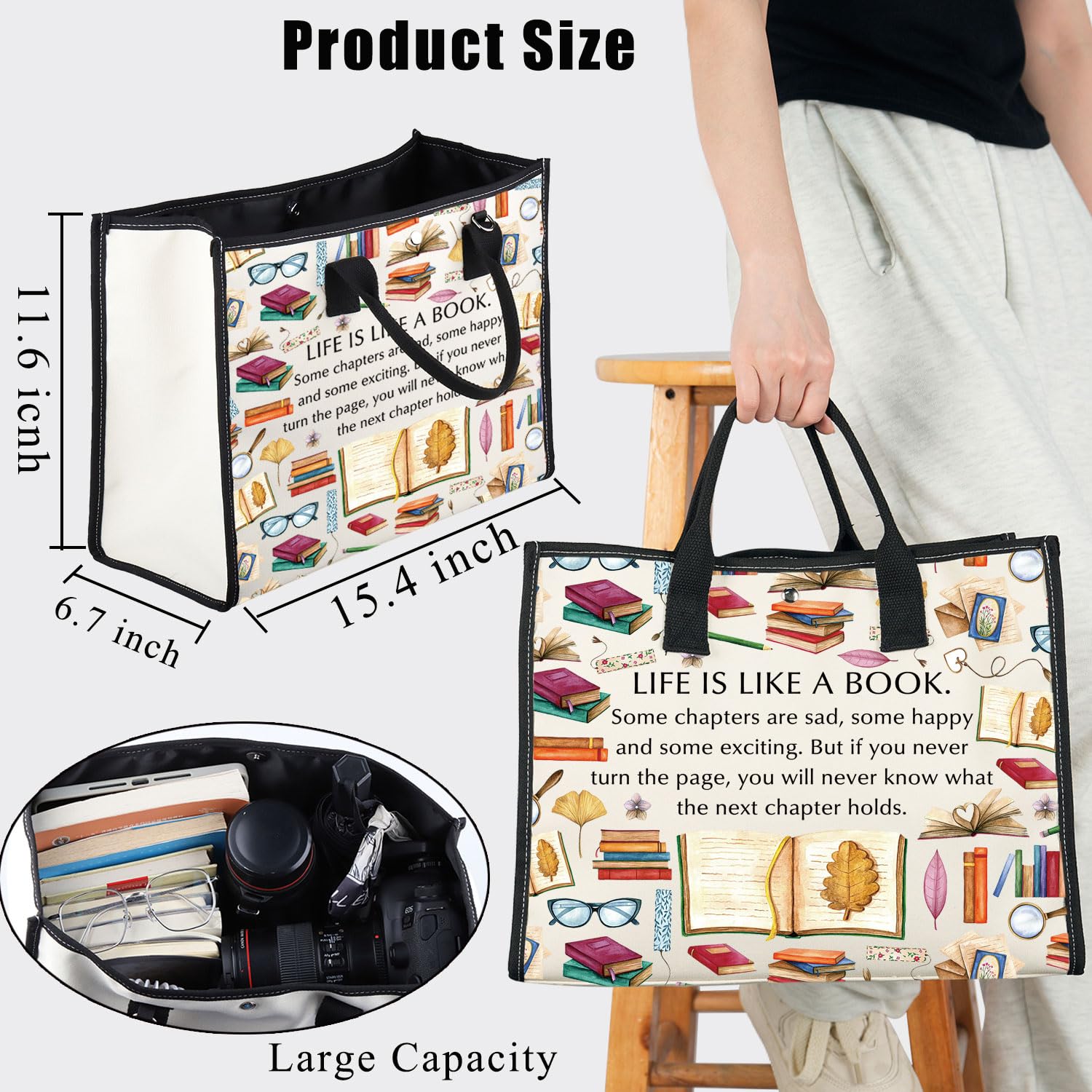 PLITI Book Lover Tote Bag Book Club Gift for Women Reading Lover Gift Bibliophile Bookworm Gift Librarian Retirement Gift (Life like book TEU) - Image 2