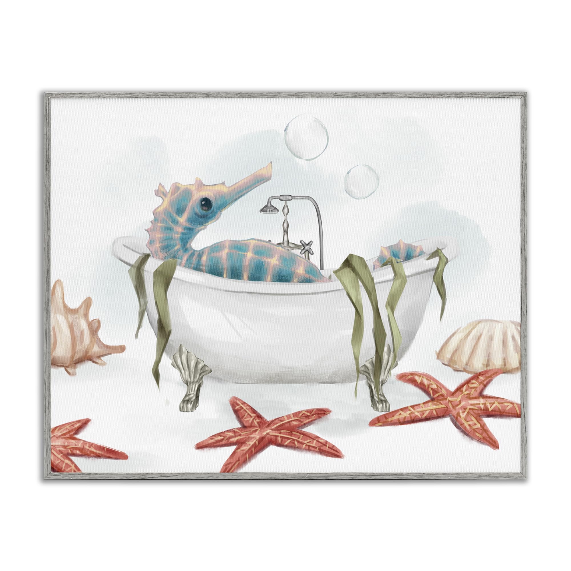 Stupell Industries 'Seahorse Resting Nautical Bath Tub Starfish Bubbles', Framed Giclee Art, Gray, 14 x 11 Inches, Easy to Hang and Sturdy, Made in USA, by Ziwei Li