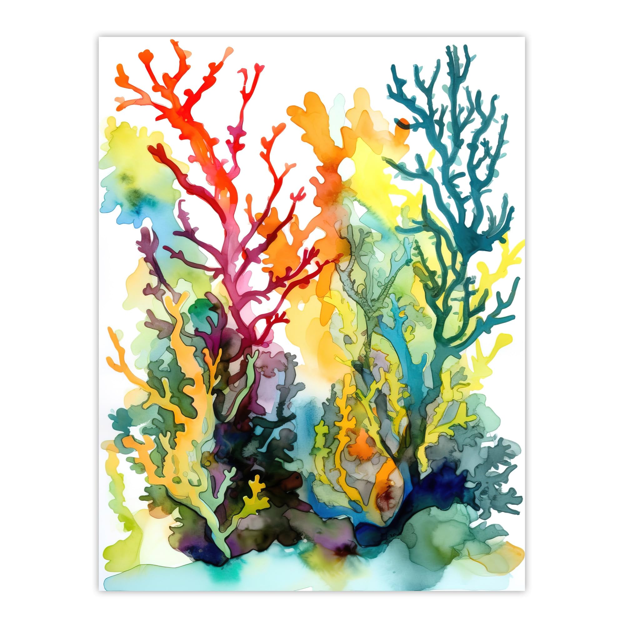 Wee Blue Coo Seaweed and Corals Watercolour Artwork Vibrant Orange Red Blue Seascape of Aquatic Plants Large Wall Art Poster Print Thick Paper 18X24 Inch