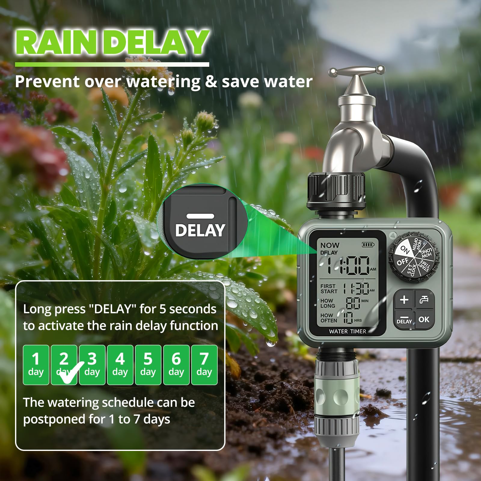Timer zraszacza do węża ogrodowego, timer wody nawadniającej z opóźnieniem deszczu, automatyczne ręczne podlewanie do trawnika podwórka zewnętrznego systemu nawadniania kropelkowego