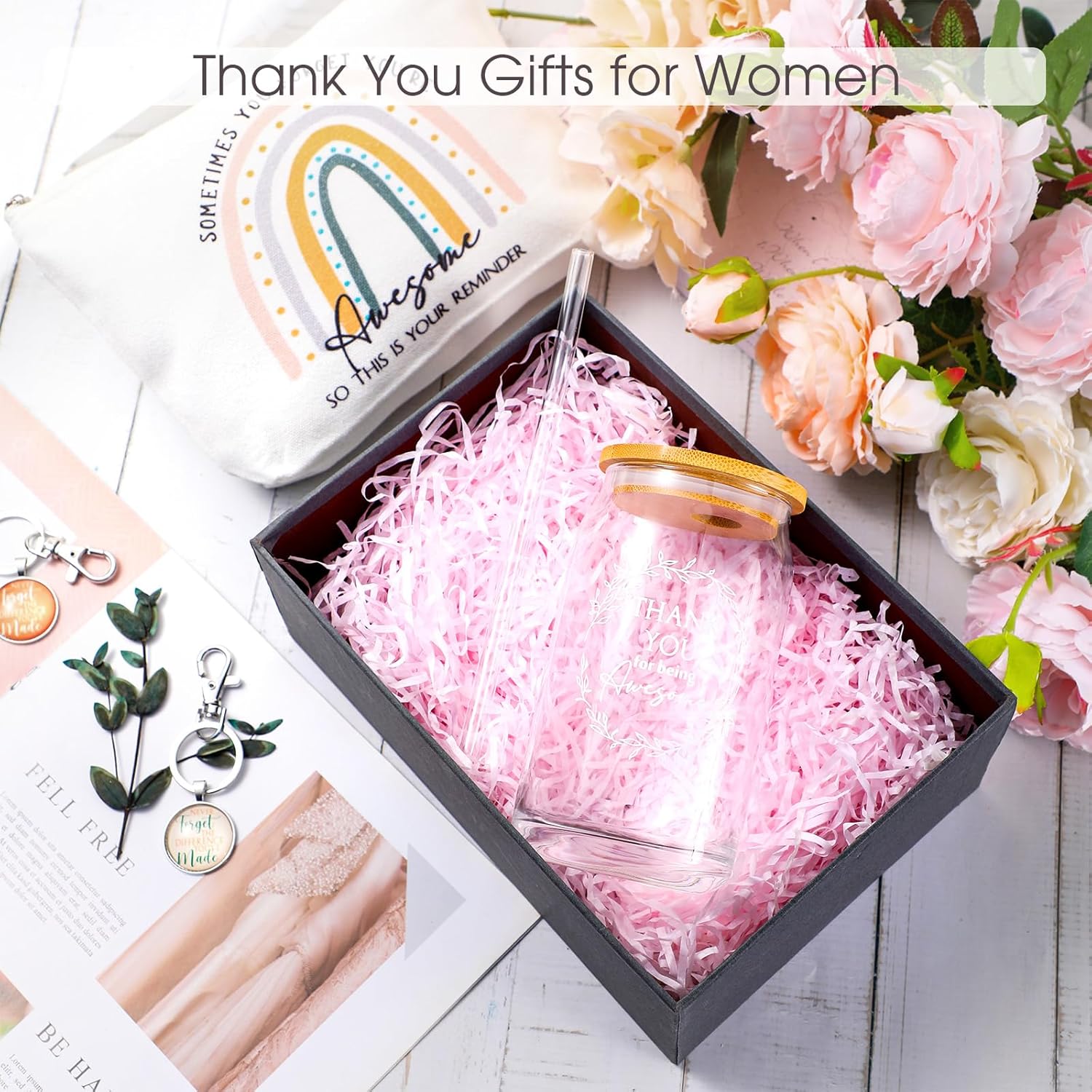 Hoolerry 9 Pcs Thank You Gifts for Women 16oz Glass Cup Motivational Pouch Employee Appreciation Keychain for Graduation Boss Coworkers Nurse Volunteers Team Gifts(Rainbow)