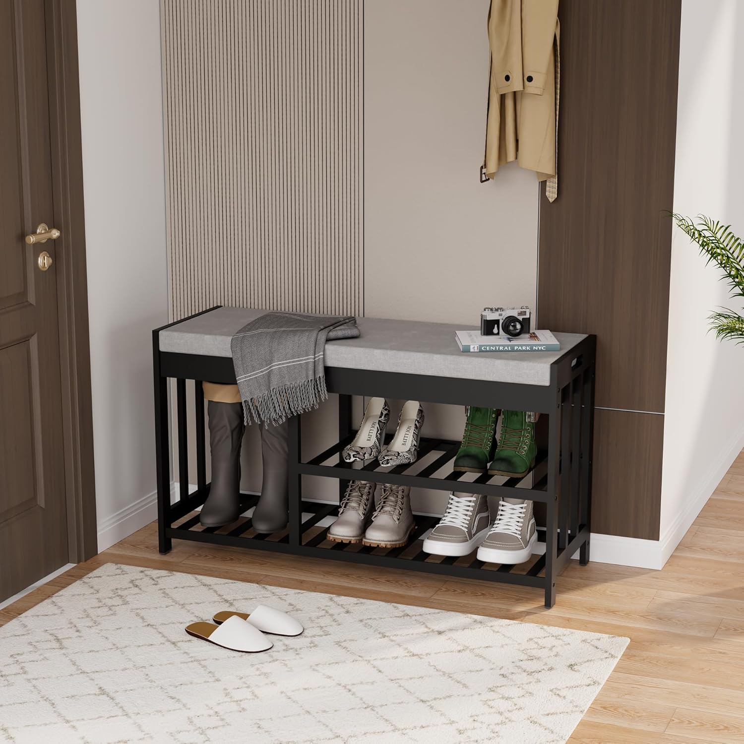 3-Tier Bamboo Shoe Rack Bench, Shoe Storage Organizer Bench, Entryway Benchs, Shoes Rack for Front Door Entrance, Entryway Bathroom Bedroom Long & Storage Black