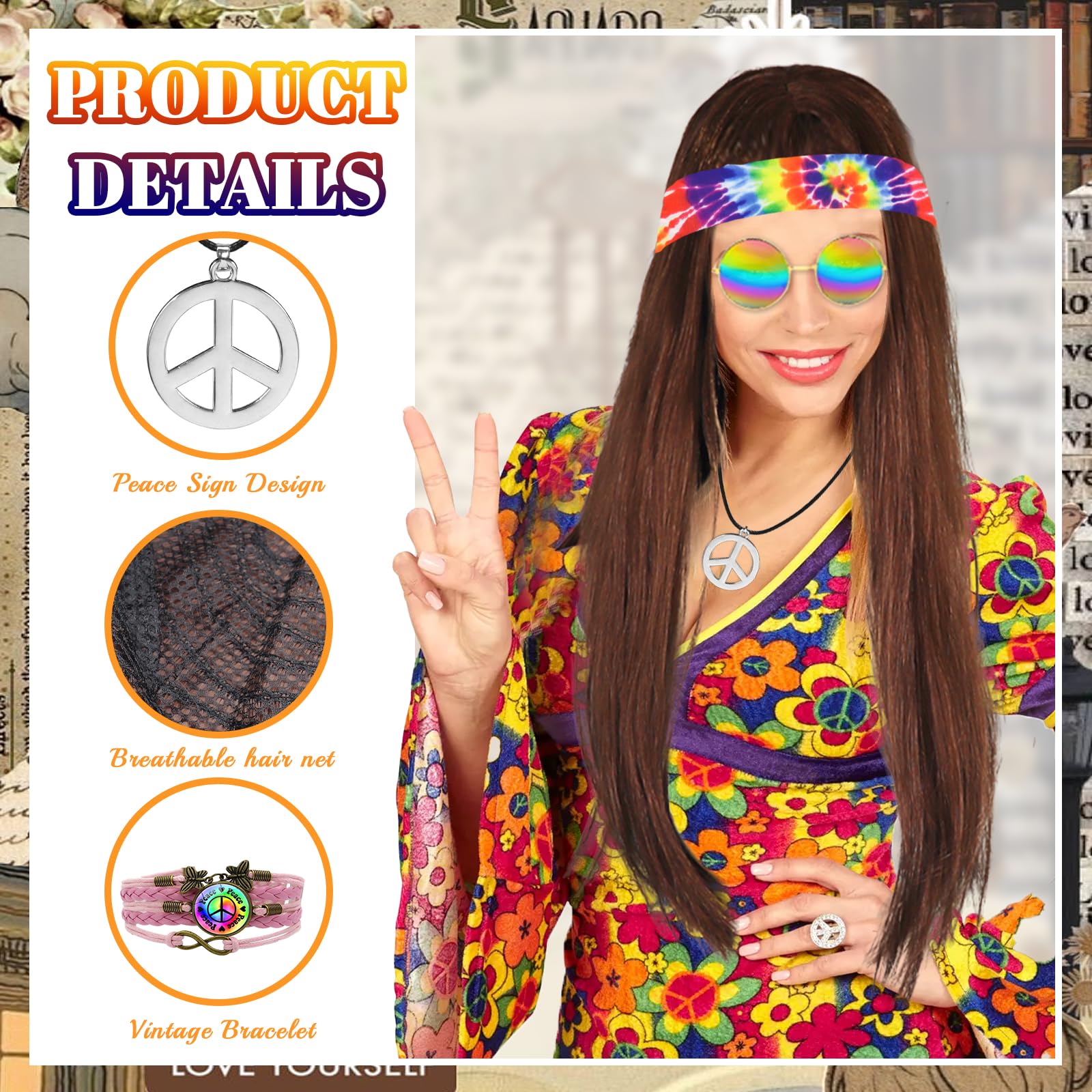 UxClishe 5 Pcs Hippie Accessories for Men 70s Disco Style 60s Outfit 80s Fancy Dress with Hippie Wig Sunglasses Hippie Fancy Dress Kit for Party Supplies (Tie Dye Style) - Image 3
