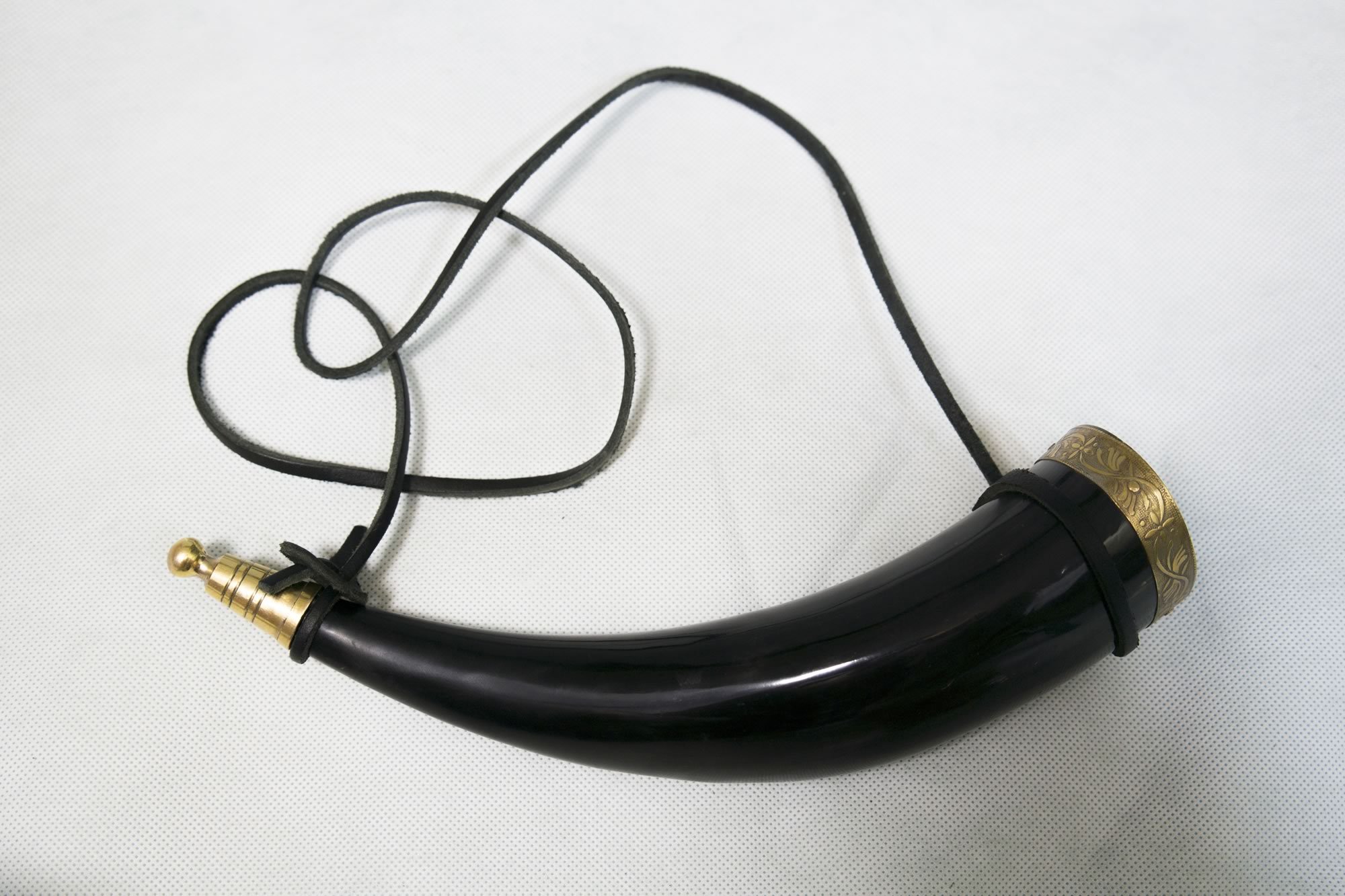 Genuine Cow Horn Drinking Horn With Ornate Metal Bands (Leather Strap Included)