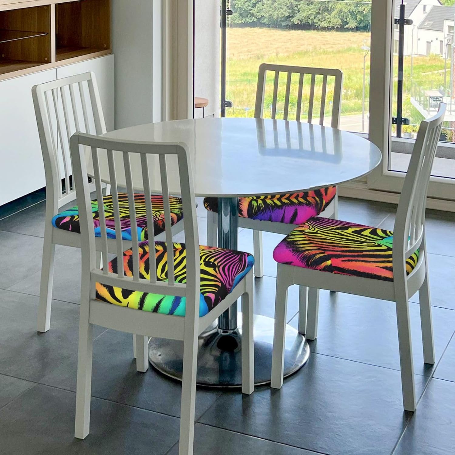 Colorful Rainbow Zebra Print Square Cushion Covers 6 Pcs Set Elastic Non-Slip Seat Cushion Slipcovers Pet Furniture Protectors for Chair, Sofa
