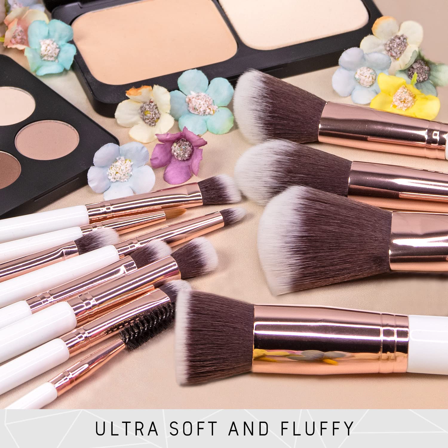 Niré Beauty Kit Pinceaux Maquillage Pro, vegan, 15 pcs, Blanc Or Rose | kabuki, blush, fond de teint, contouring, fard à paupières, sourcils, éponge, nettoyant, étui, coffret cadeau