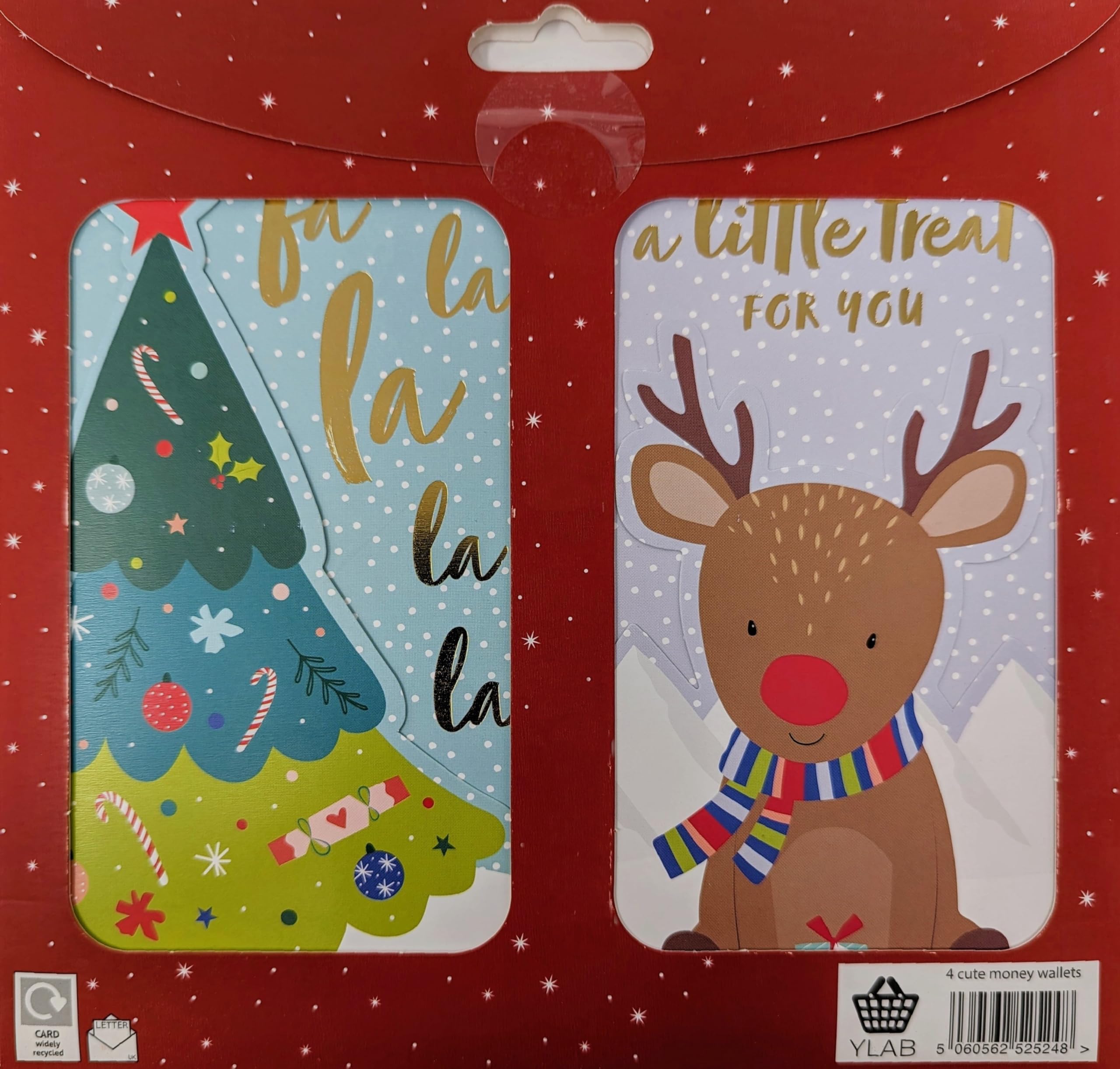 Portafogli Natalizi per Bambini con Buste – Lamina d'Oro Lucida – Simpatici Disegni Babbo Natale, Pinguino, Albero, Renna – Saluto Buon Natale – Confezione Ecologica