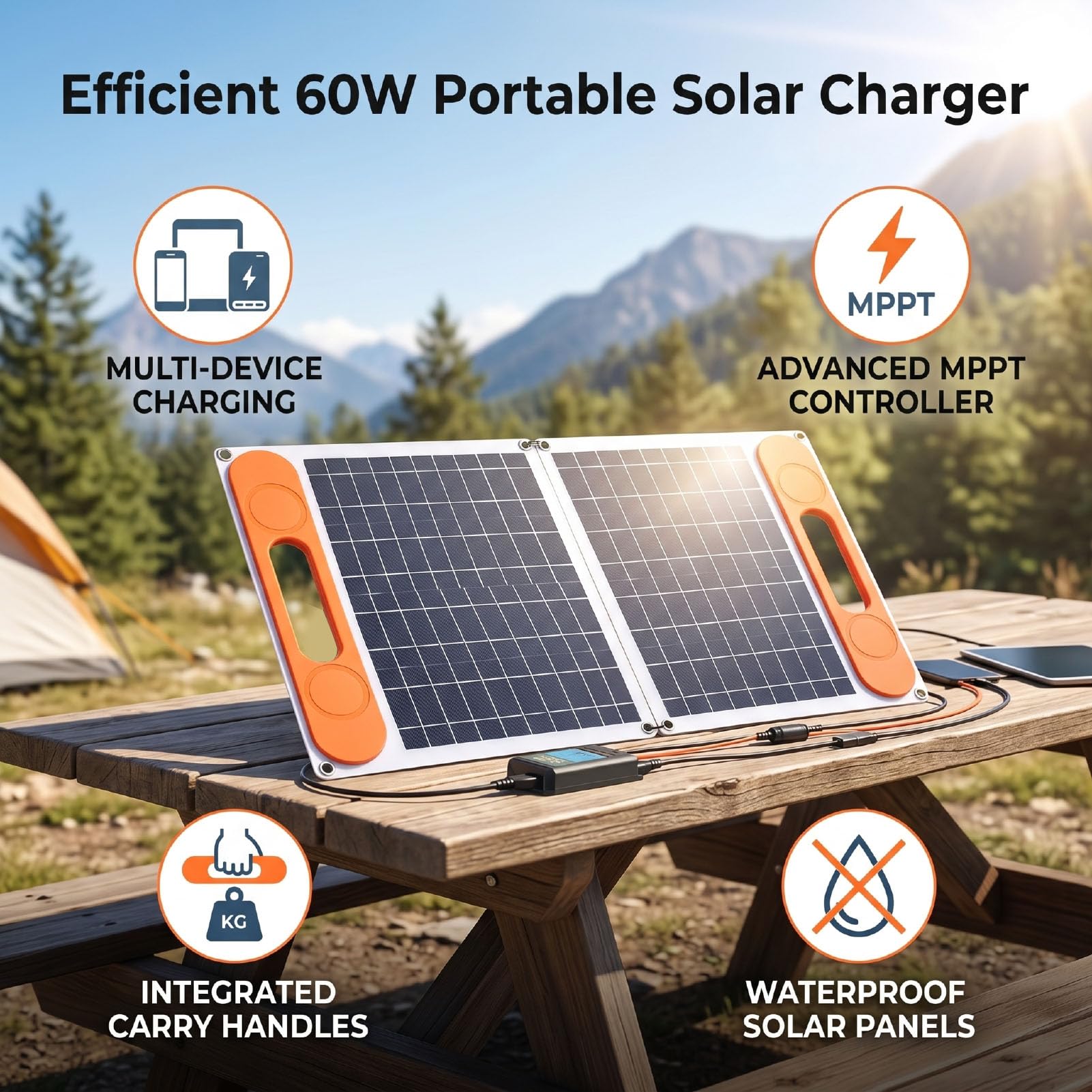 ZJchao Panel Solar Monocristalino 60W, Cargador Solar Portátil con Salida