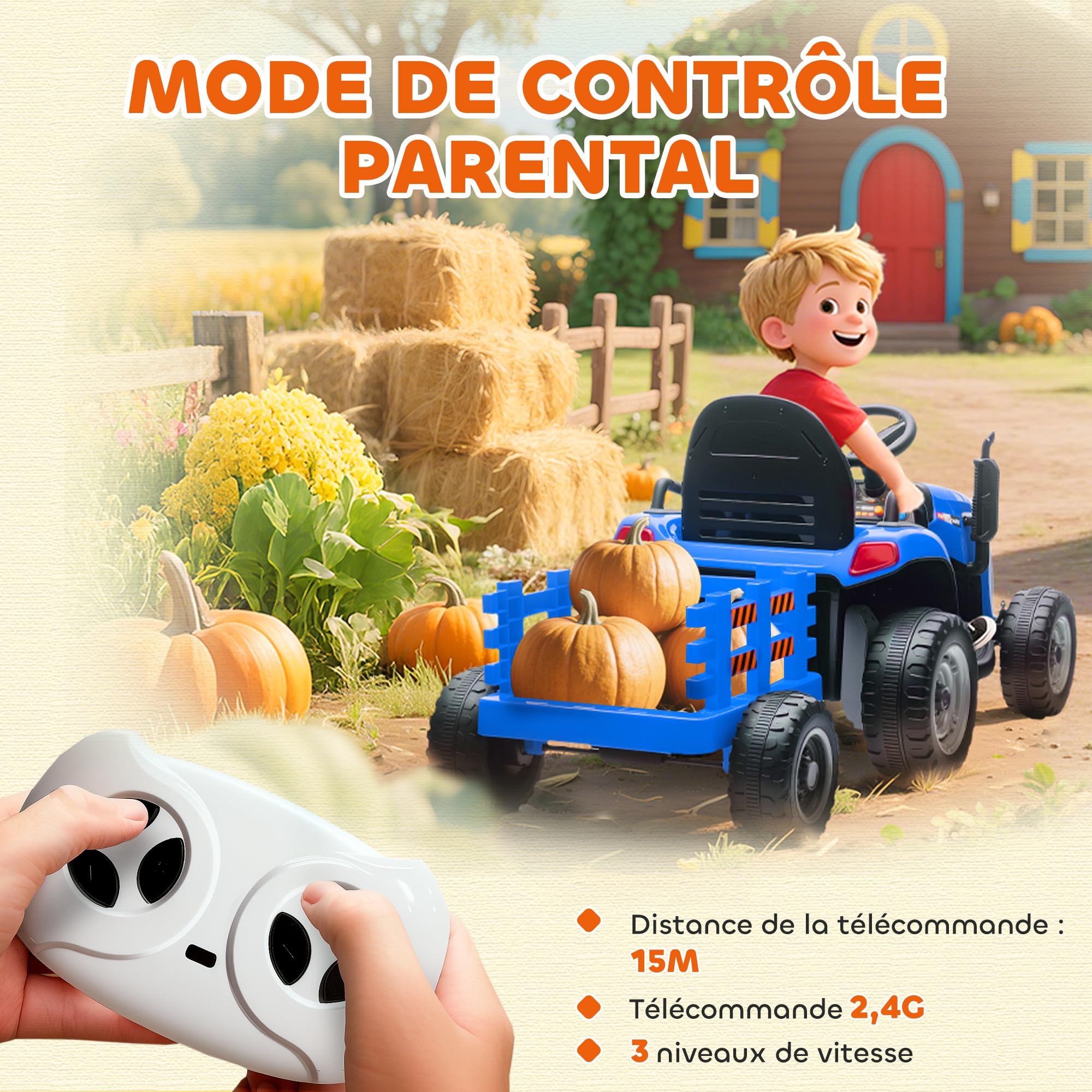 AIYAPLAY Tracteur électrique Enfants avec remorque amovible, Voiture électrique 6 pneus télécommande 2,4G LED Musique 3 Vitesses 3-8 Ans Bleu
