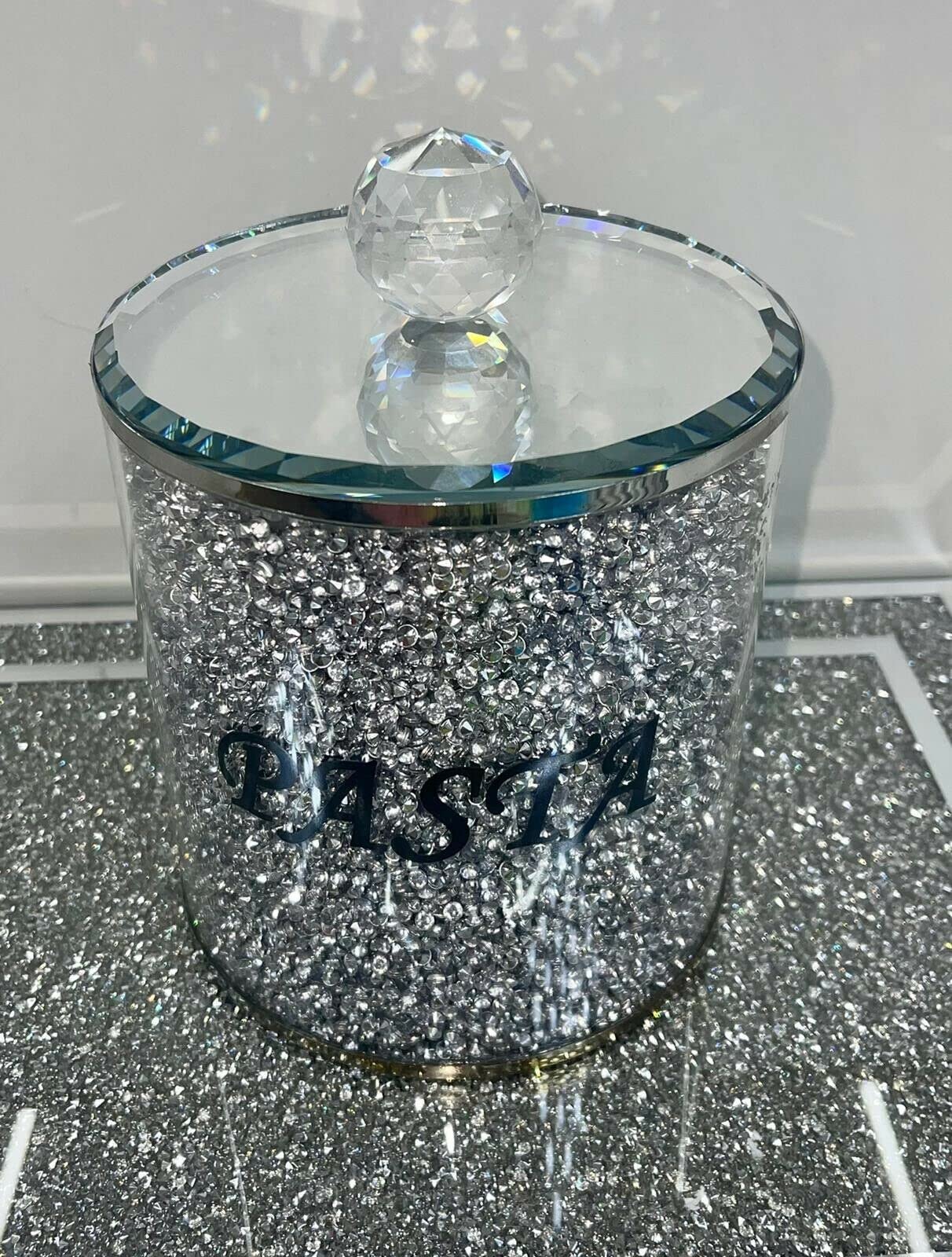 Biznest CRUSHED DIAMOND SILVER CRYSTAL PASTA JAR WITH MIRROR LID, KITCHEN SPARKLY BLING