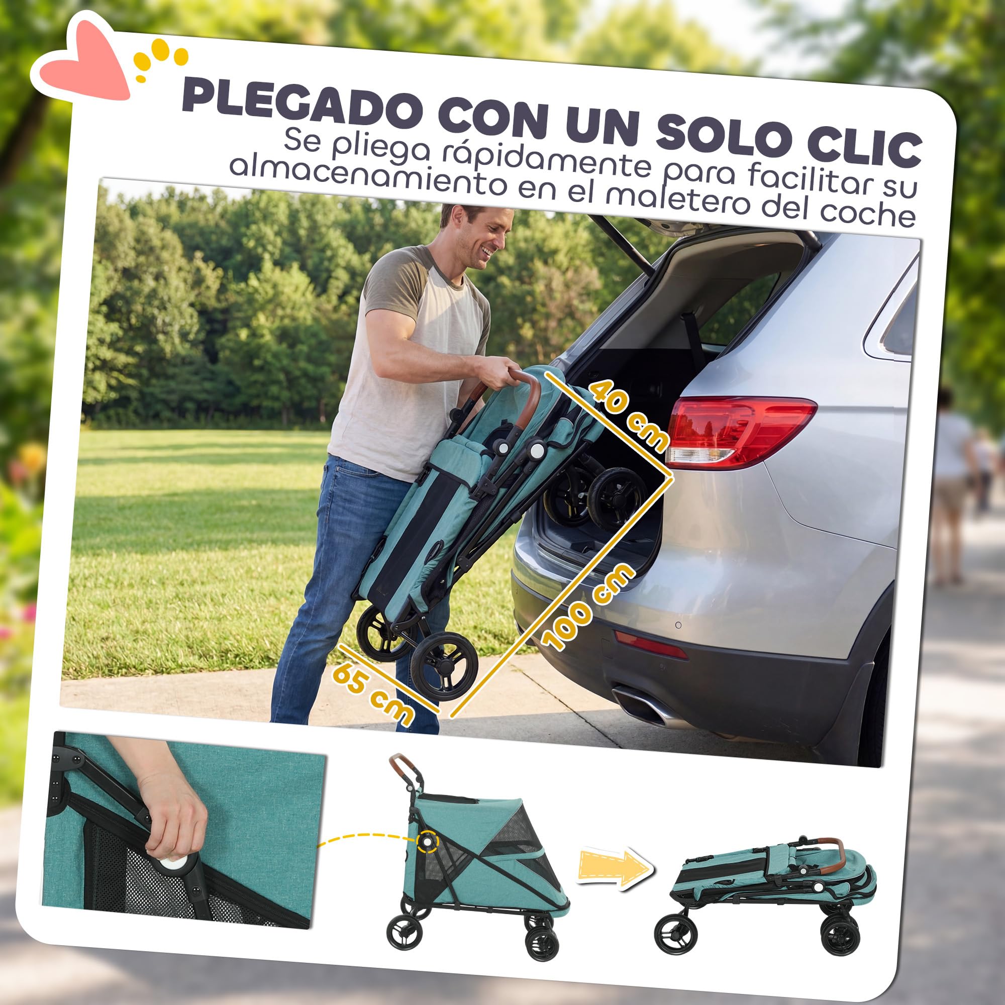 PawHut Carrito para Perros y Gatos Grande Plegable con un Botón hasta 30 kg, Cochecito para Perros Medianos y Grandes, Suspensión 4 Ruedas, Giratorio, Freno de Pie, Cojín Lavable, Turquesa