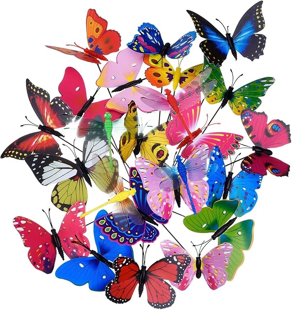 20 Pieces Garden Butterflies Stakes and 4 Pieces Dragonflies Stakes Garden Ornaments for Yard Patio Party Decorations, Totally 24 Pieces (Normal)