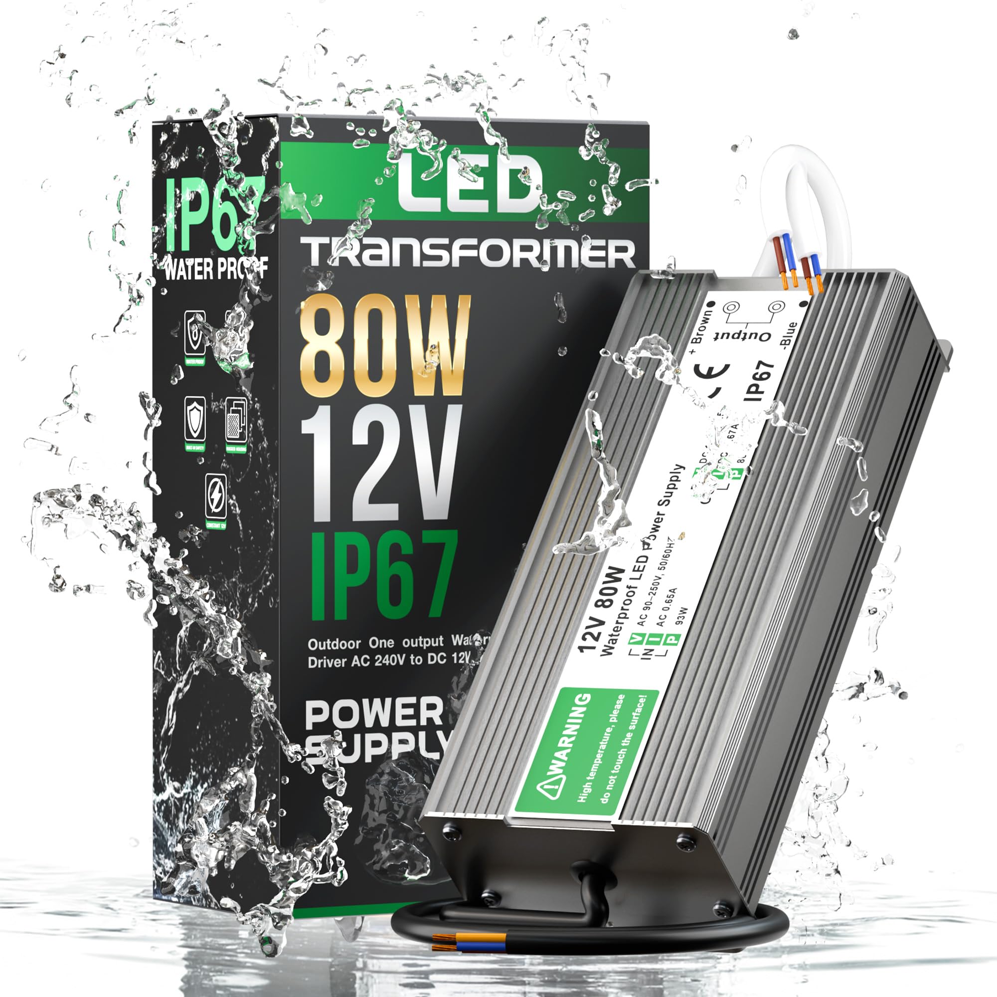 12V 80W IP67 Waterproof LED Transformer 6.6A Outdoor Power Supply
