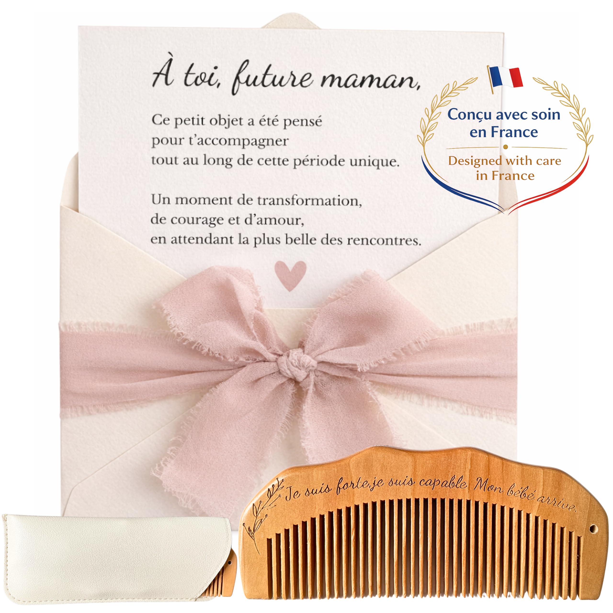 Cadeau grossesse femme enceinte – peigne accouchement en bois avec carte émotionnelle – idée cadeau maternité prénatal future maman